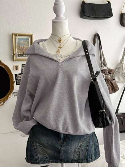 SHEIN 女士立领半拉链宽松纯色落肩休闲运动衫