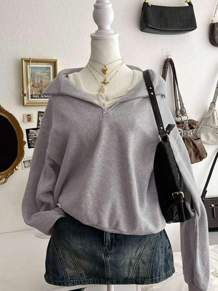 SHEIN 女士立领半拉链宽松纯色落肩休闲运动衫 - 灰色 - 查看 1