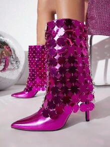 SHUZIA Metallic Faux Leather Knee High Boots - Red Violet - View 5