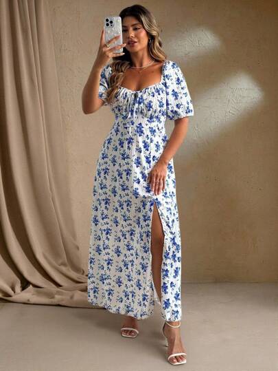 Roveilla Plus Size Summer Elegant Ditsy Floral Print High Slit Dress