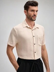 Officeau OFFICEAU Men Linen/Bohemian Style Short Sleeve Shirt