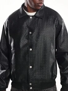 SUMWON Weave Pattern Faux Leather Harrington Jacket Quilted Design Wide Leg Streetwear Fall Winter Collection Outerwear - Black - View 4
