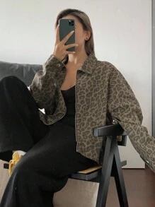 Livesso Women's Leopard Print Loose Casual Denim Jacket Fall/Winter - Brown - View 4