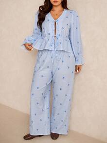 Elaquor Plus Size Women Casual Striped Bow Print Tie Front Top & Pants 2 Pieces Set - Blue - View 5