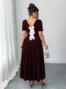 Elenzga 夏季时尚法式复古优雅露背蝴蝶结通勤连衣裙 大码酒红色连衣裙 大码优雅连衣裙 休闲长裙 大码蝴蝶结露背连衣裙 酒红色长款连衣裙 - 酒紅色 - 查看 7