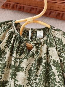 SHEIN 女婴夏季可爱节日绿色花卉图案无袖连衣裙