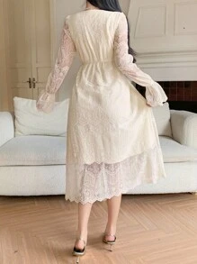 DAZY Women's V-Neck Button Design Ruffle Sleeve Elegant Lace Mid-Length Dress - Beige - View 6