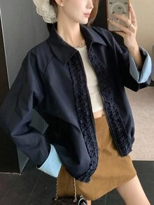 DAZY جاكيت كاجوال فضفاضة للنساء بياقة منقلبة وأكمام مربعة ومطاطية في الخصر، تصميم كشكش وتباين ألوان مناسبة للخريف والشتاء