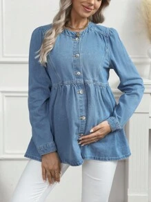 SHEIN 孕妇休闲牛仔夹克，单排扣荷叶边下摆，秋季