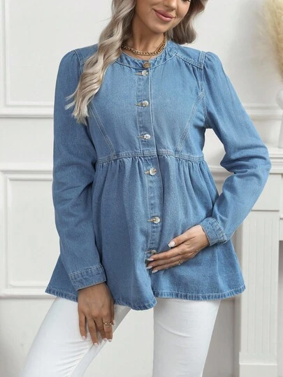 SHEIN 孕妇休闲牛仔夹克，单排扣荷叶边下摆，秋季