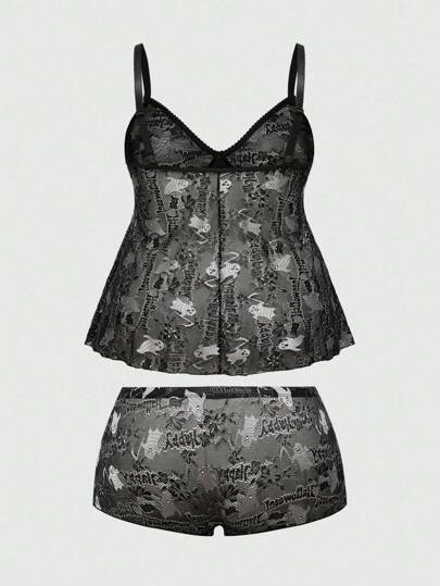 Goth Gothic Dark Halloween Ghost Lace Print Plus Size Sexy Lingerie Set For Women