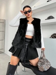 SHEIN EZwear 大码女式前开宽松背心蓬松冬季外套 - 黑色 - 查看 5