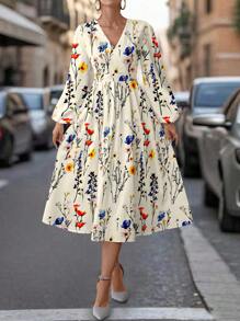 SHEIN Clasi Apricot Ditsy Floral Long Dress, Elegant And Suitable For Everyday Wear Classy Outfits For Women Fall Clothes For Women Fall Women Clothes Fall Dresses For Women Elegant Dresses For Women Fall Dresses Chic Dress