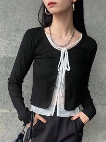 FRIFUL 女士圆领二合一蕾丝罗纹拼接蝴蝶结前开襟修身长袖T恤，新款秋季女士薄纱开衫，优雅蕾丝打底长袖系带上衣，黑色，女款 - 黑色 - 查看 5