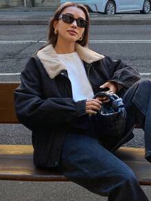 Livesso 女士撞色毛领宽松休闲棉服外套 - 藏蓝色 - 查看 3
