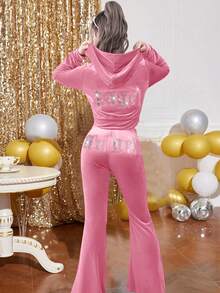 SHEIN Tween Girl Velvet Rhinestone Pocket Hooded Zip-Up Sweatshirt & Flared Pants Casual Elegant 2 Pieces Set, Pink Tween Set, Girls Lounge Set, Girls Bell Bottom Set, Pink 2 Piece Set Fall Winter - Baby Pink - View 10