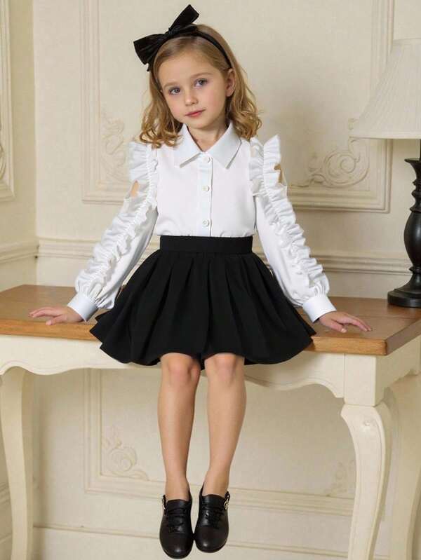 Girls Casual Fashion Daily Collared Cold Shoulder Hollow Design Frill Trim Long Sleeve Solid Color Blouse With High Waist Short Pleated Solid Skirt Set, Back To School Outfit, All Season Fall Winter