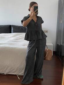 Livesso 女士夏季短袖翻领宽松长裤两件套度假装 - 黑色 - 查看 5