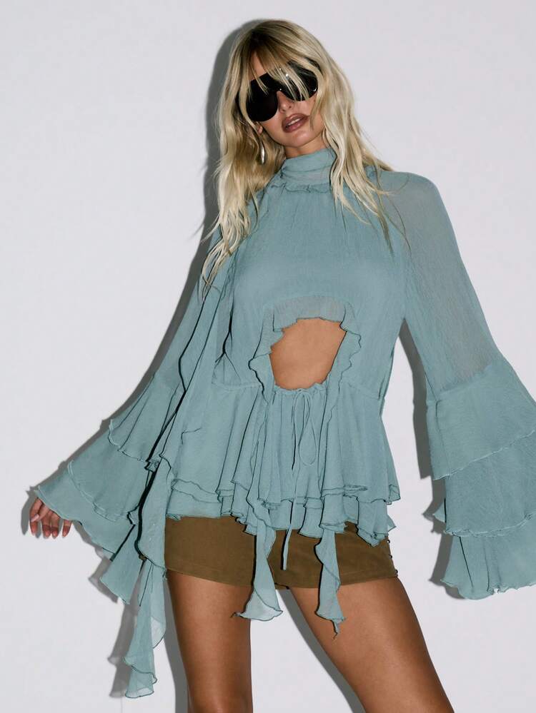 KIZN Ruffled High Neck Blouse With Bell Sleeves And Cutout Detail