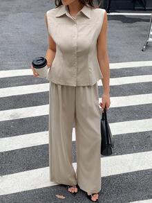Livesso Ensemble 2 pièces Top sans manches et pantalon de couleur unie minimaliste pour femmes, tenue décontractée pour tous les jours - Nude - Voir 1