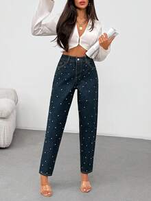 EURMUSE High Waist Elegant Detail Mom Fit Raw Wash Jean Pearl Jeans Rhinestone Jeans Pearl Embellished Jeans Studded Jeans - Dark Wash - View 3