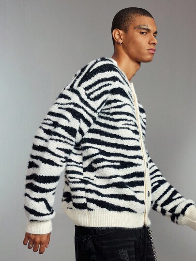 Street Life Chaqueta de punto jacquard de cebra para hombre, corte holgado y acortado