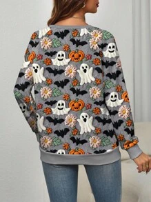 EMERY ROSE Plus Size Halloween Ghost Pumpkin & Bat Print Raglan Long Sleeve Sweatshirt Fall Cloth For Women Winter Autumn - Multicolor - View 2