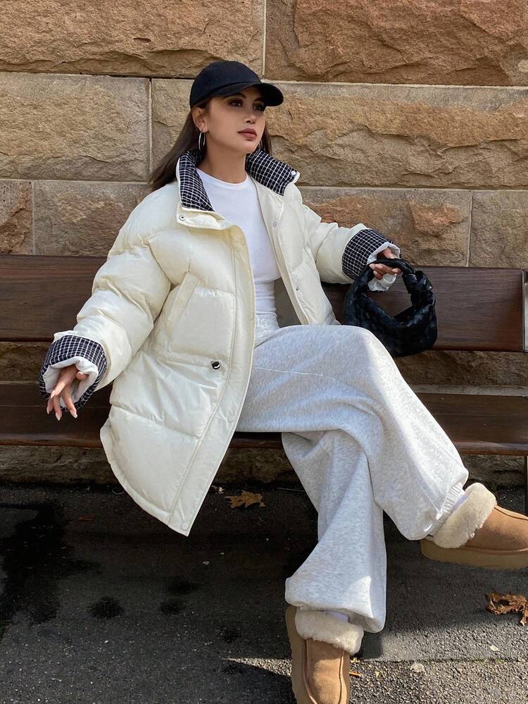 Contrast Color Loose Long Sleeve Cinched Waist Casual Thick Padded Coat For Women, Autumn/Winter Jacket