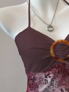 SHEIN EZwear 夏季性感花卉印花网眼拼布露背吊带上衣 - 彩色 - 查看 4