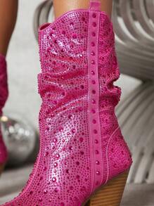 SHUZIA Metallic Rhinestone Detail Slip On Slouchy Boots - Red Violet - View 6
