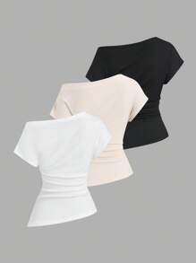 Sweetra 女式秋季不对称褶饰不对称领口休闲上衣套装 - 彩色 - 查看 2