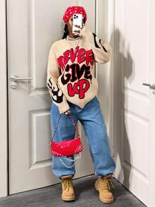 BamGleam Women's Casual Loose Fit Colorblock Pullover Knit Sweater, Winter - Beige - View 7