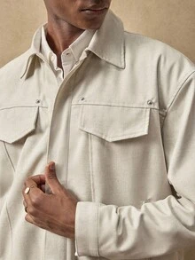 AKNOTIC Business Casual 男士休闲时尚街头简约纯色翻盖细节斜口袋夹克，春秋季，秋冬 - 白色 - 查看 3