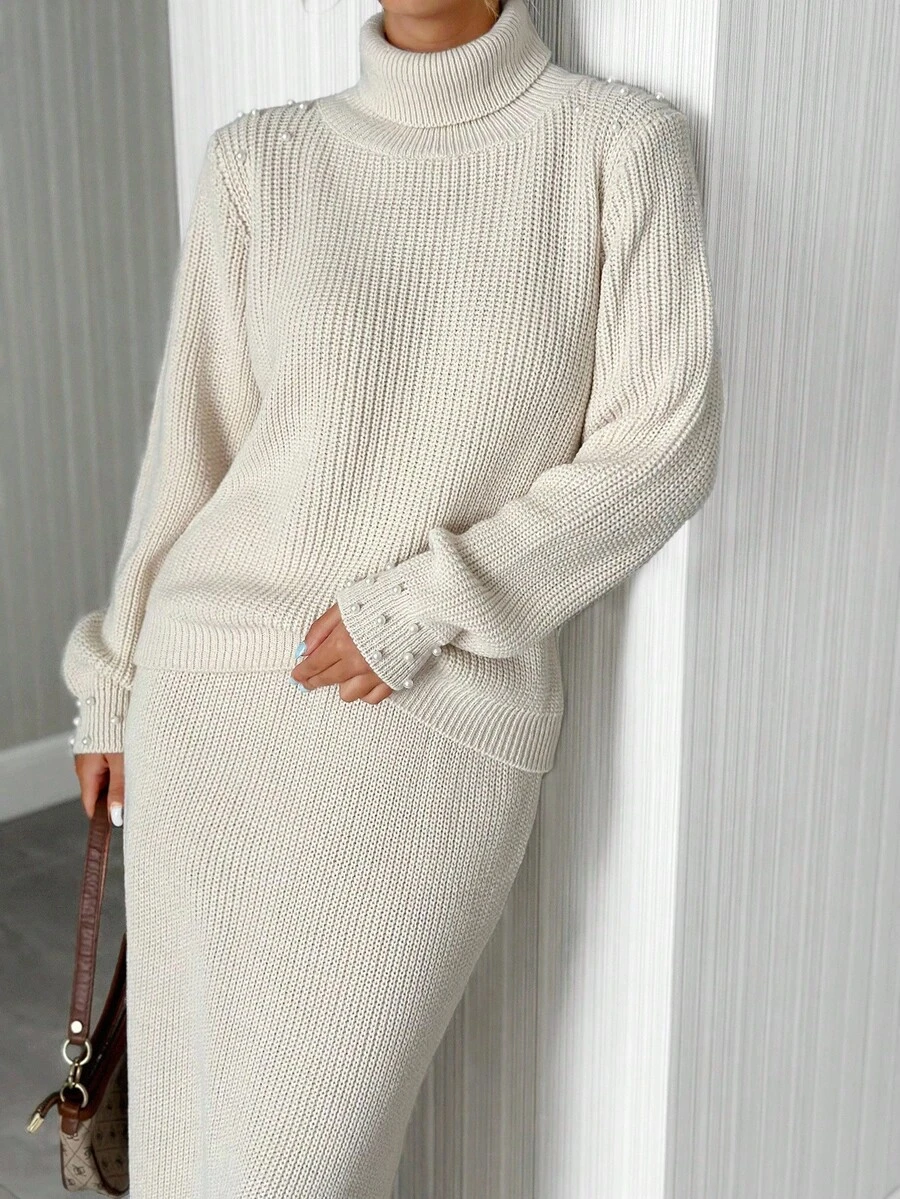 EURMUSE Elegant Turtle Neck Solid Color Rib Knit Pearl Embelishement Crop Balloon Sleeve Sweater & Maxi Fitted Rib Knit Solid Color Skirt 2 Pieces Knit Set For Fall Winter Women Outfits - Apricot - View 1