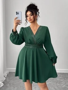 Elenzga Plus Size Casual Commuter Striped Patchwork Lantern Sleeve Dress Fall Cloth For Women - Green - View 6