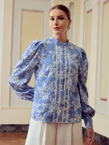ZEYLAH Floral Print Bubble Sleeve Elegant Shirt With Single-Breasted Design, Vacation Style For Women Fall Cloth For Women - Blue - View 4