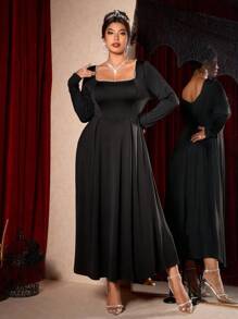 Elenzga Plus Size Women Pearl Decor Square Neck Long Sleeve Elegant Party Dress Fall Cloth For Women - Black - View 3
