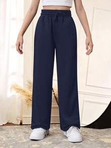SHEIN Tween Girls Loose Drawstring Waist Straight Leg Sweatpants - Navy Blue - View 1