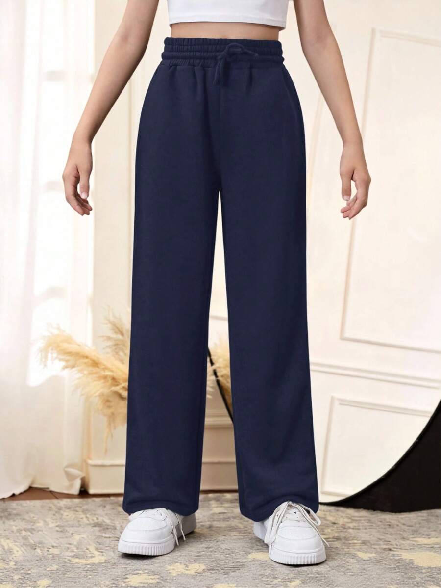SHEIN Tween Girls Loose Drawstring Waist Straight Leg Sweatpants - Navy Blue - View 1
