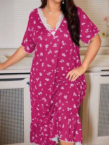 CottageSlumber 大码女士碎花荷叶边蕾丝V领蝴蝶结睡裙，柔软牛奶丝睡衣，浪漫舒适中长连衣裙，宽松睡裙 - 玫紅色 - 查看 6