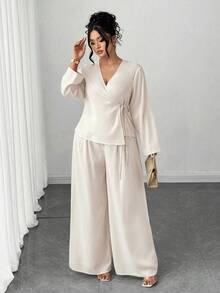 SHEIN Elenzya 女士优雅裹身衬衫长袖宽松裤加大码两件套，适合约会、工作、通勤和休闲办公室穿着，杏色针织外出上衣 - 杏色 - 查看 3