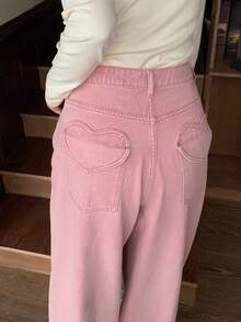DAZY Quần jeans ống rộng thêu hình trái tim, dáng rộng, thoải mái, size lớn dành cho nữ, phù hợp với mọi mùa - Hồng - Xem 7