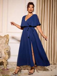 Cravure Vestido formal de talla grande para mujer, nuevo éxito de , de unicolor, con escote en V profundo, hombros abiertos, cintura con lazo, vestido elegante y estilizado para dama de honor, boda, fiesta, ocasión formal, fiesta, cumpleaños, cita nocturna - azul real - Ver 1