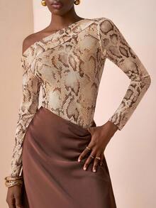 Zivah 2025 春季新款音乐节、复活节、母亲节、婚礼、生日派对、日常外出百搭百搭休闲热卖优雅通勤商务休闲单肩不对称女上衣，网眼蛇皮印花衬衫 - 棕色 - 查看 1