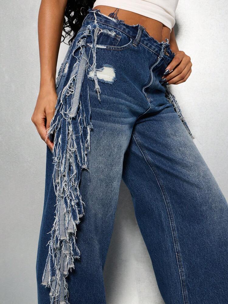 SUMWON WOMEN Distressed Baggy Jeans With Dramatic Side Fringe Detail