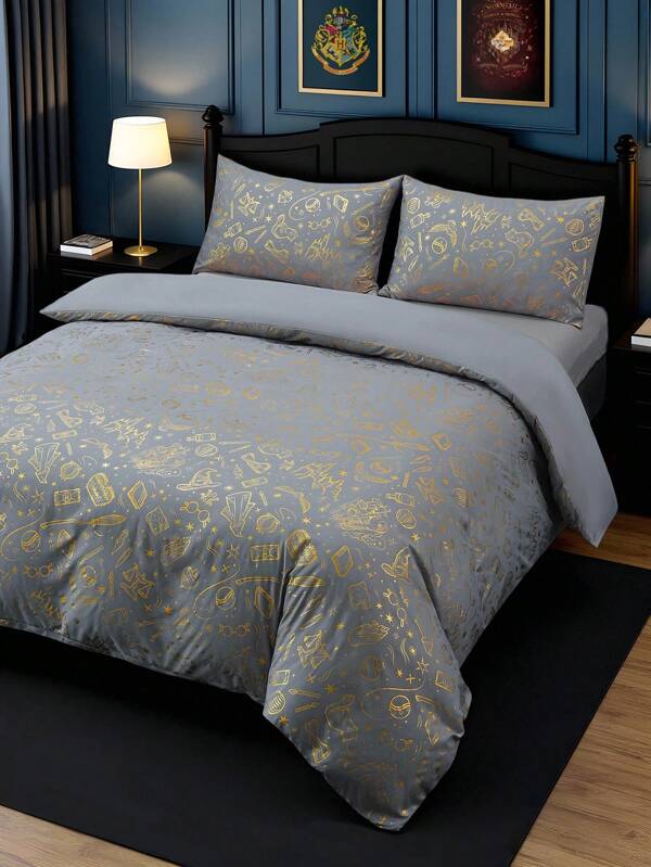 HARRY POTTER X SHEIN 3 Stücke Bettwäsche-Set mit Foliendruck, grauer Bettbezug, weich und gemütlich, warm und waschbar, passend für Einzelbett/Doppelbett/Queensize/Kingsize, für Studentenwohnheim/Zuhause