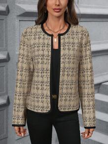 SHEIN PETITE CURVE Plus Size Women Plaid Open Front Long Sleeve Casual Jacket For Autumn/Winter, Office Wear