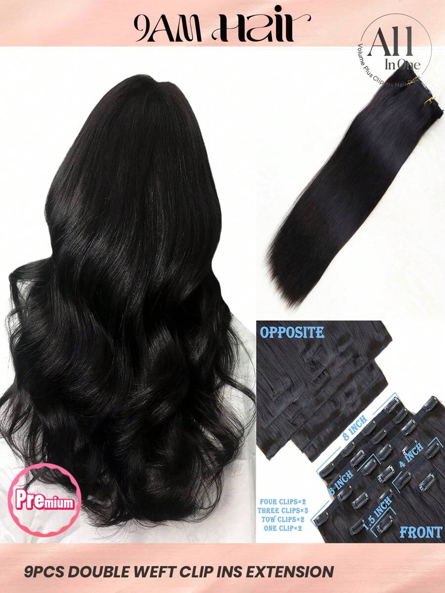 9 piezas extensiones de cabello humano remy 100% naturales negras de 200g/220g/240g con base de encaje, alineadas con cutícula, doble clip para cabello fino de mujer, apariencia natural, alta calidad - Natural Black - Ver 1