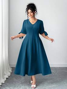 Elenzga 大码女式纯色短袖V领蝴蝶结优雅连衣裙 - 墨綠色 - 查看 4