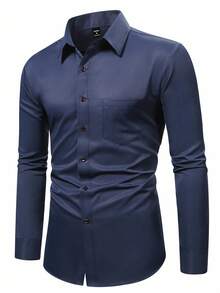 Manfinity Mode Plus Size Men's Solid Color Single-Breasted Pocket Business Casual Long Sleeve Shirt, For Fall